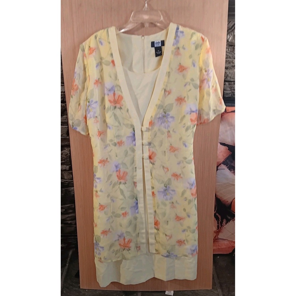 Studio 1940 Size 18W Yellow Floral Lined Dress Faux Layered Rear Zip Easter